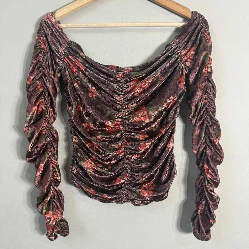 Free People Reina Floral Velvet Off the Shoulder Top Women's Small Brown Ruched